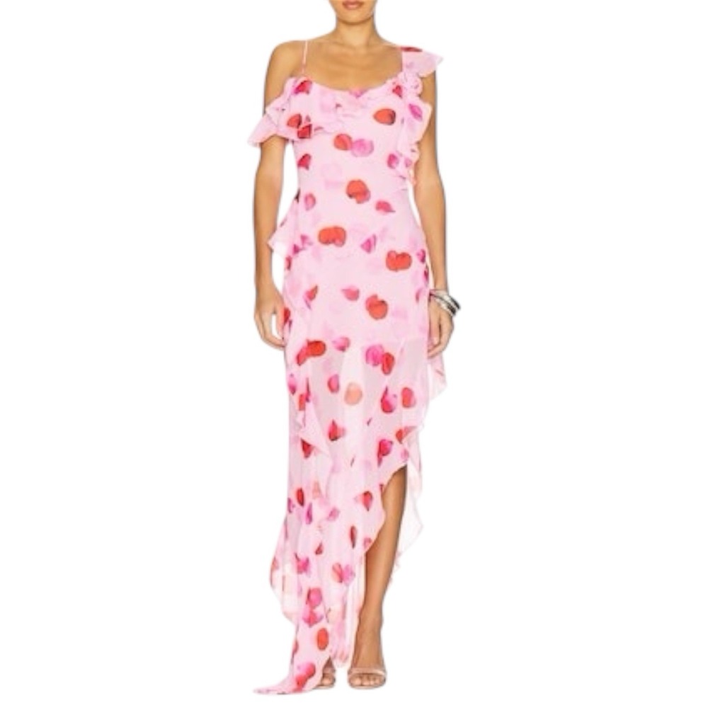 I.AM.GIA Pink Ruffled One-Shoulder Maxi Dress with Red Floral Print